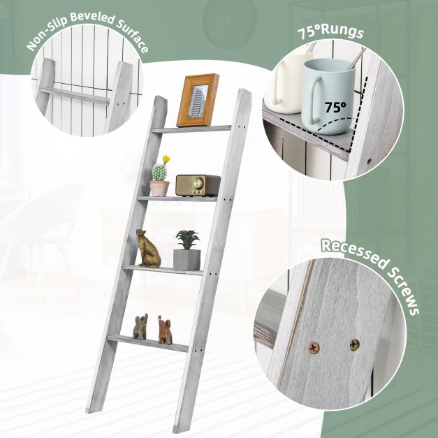 4-Tier Wooden Wall Leaning Ladder Shelf