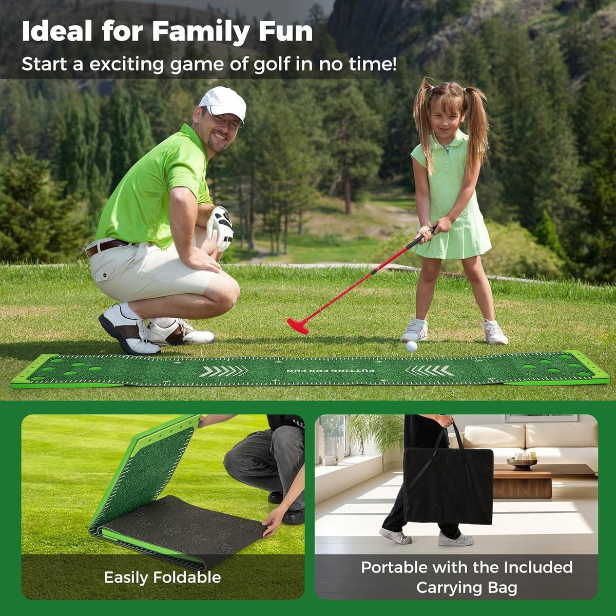 Portable Putting Green Mat with 2 Adjustable Putters, 6 Balls, Carrying Bag, Golf Putting Mat for Party