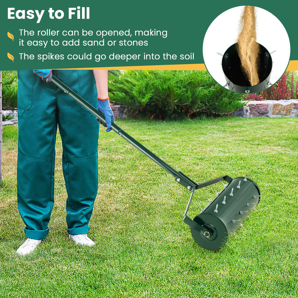 Heavy-Duty Rolling Aerator w/ Lawn Soil Penetrating Spikes & 130 cm Handle