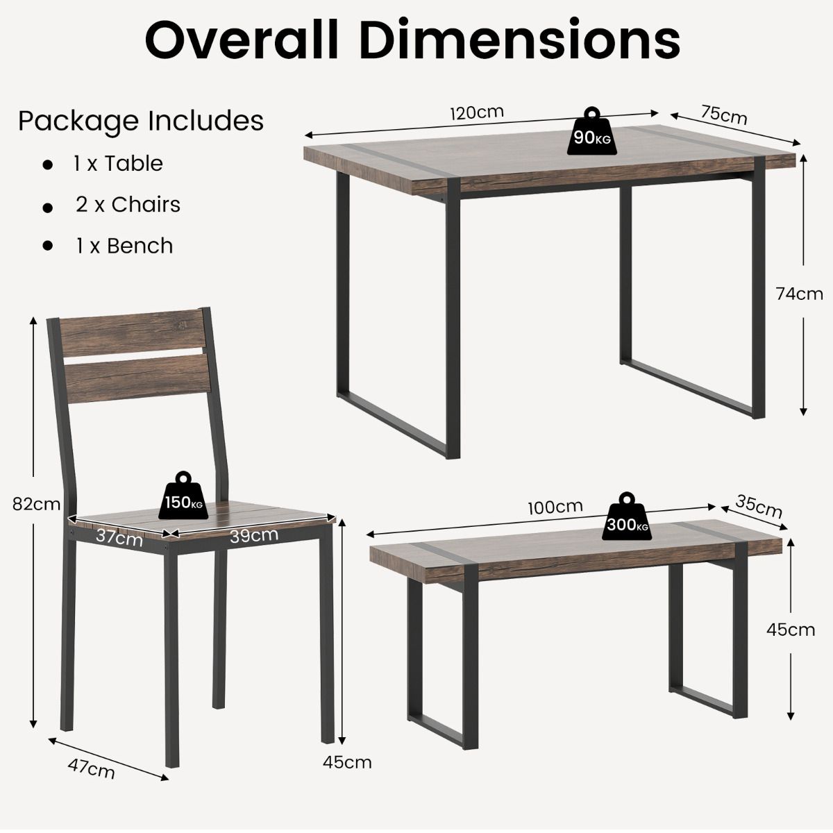 4-Piece Dining Table Set for 4 with Metal Frame