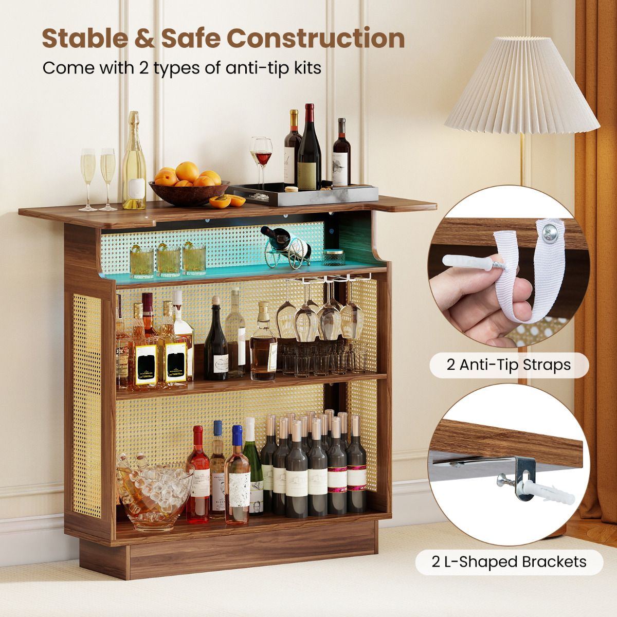 4-Tier Rattan Bar Table with 3 Stemware Racks and Heightened Base