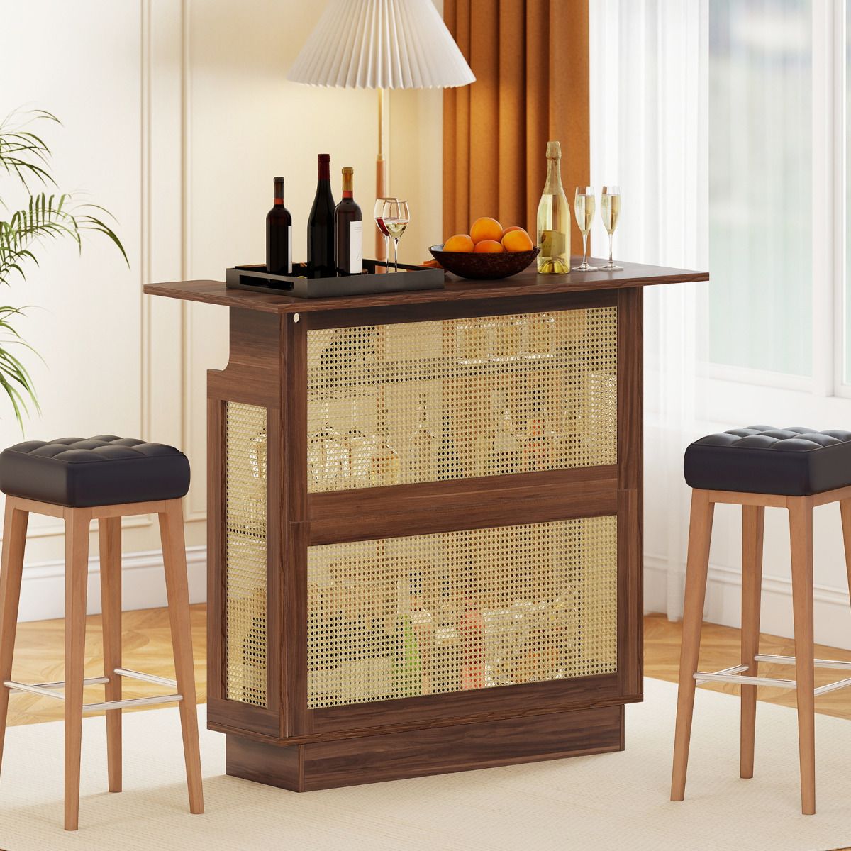 4-Tier Rattan Bar Table with 3 Stemware Racks and Heightened Base