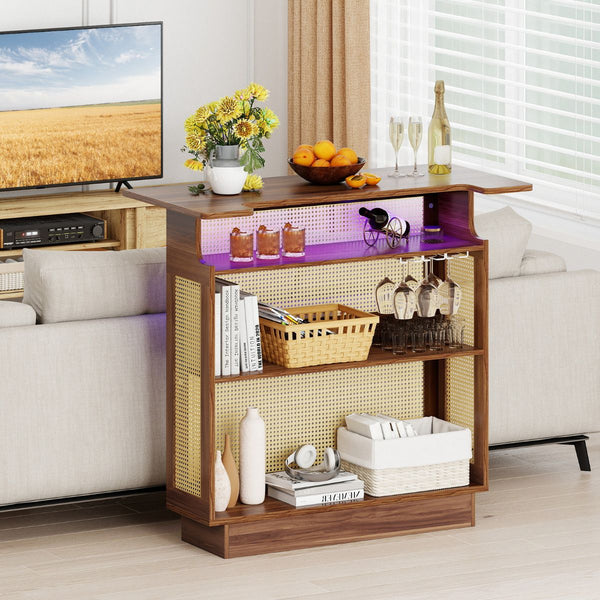 4-Tier Rattan Bar Table with 3 Stemware Racks and Heightened Base