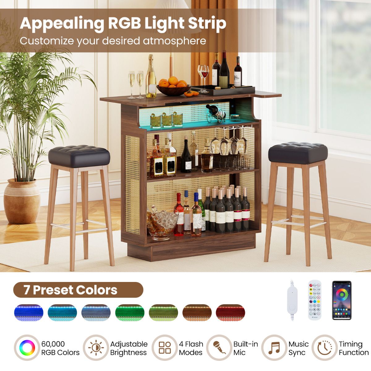 4-Tier Rattan Bar Table with 3 Stemware Racks and Heightened Base