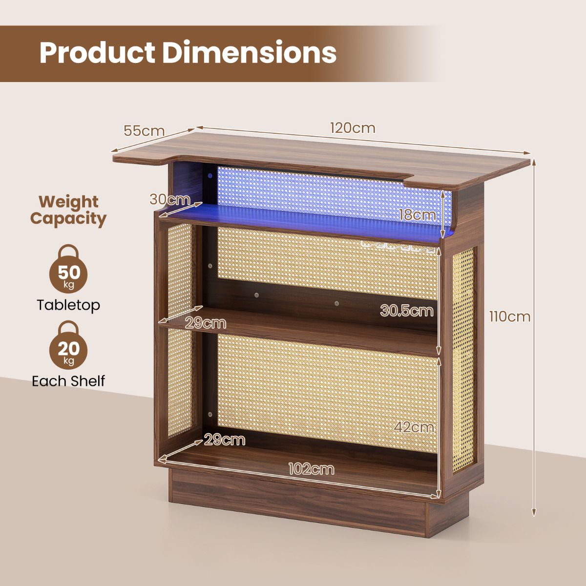 4-Tier Rattan Bar Table with 3 Stemware Racks and Heightened Base