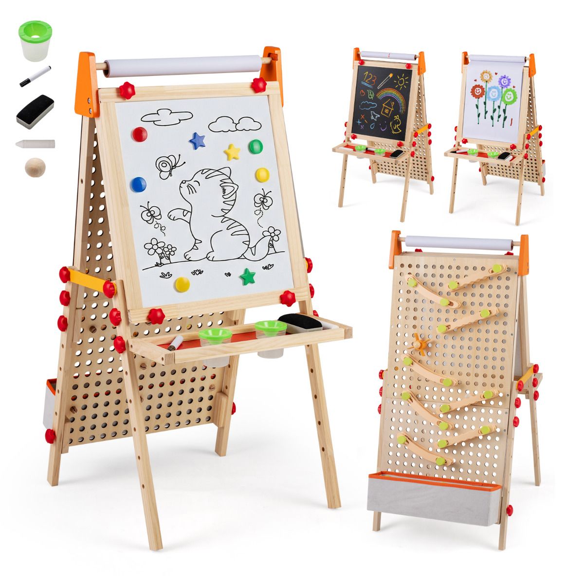 4-in-1 Adjustable Kids Art Easel with Double-Sided Blackboard and Whiteboard