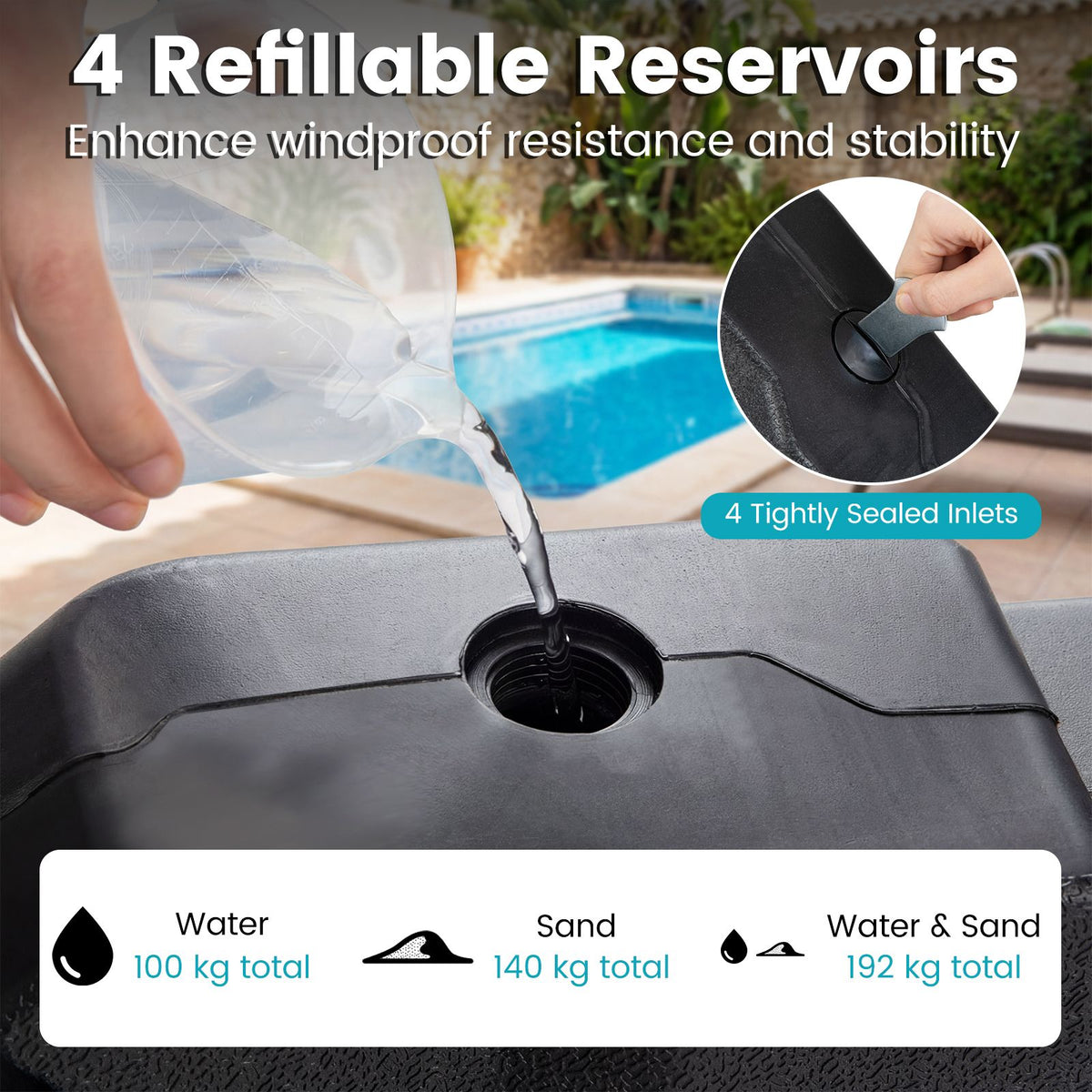 4 Pieces Cantilever Umbrella Base 192kg with Sealed Inlets and Handles