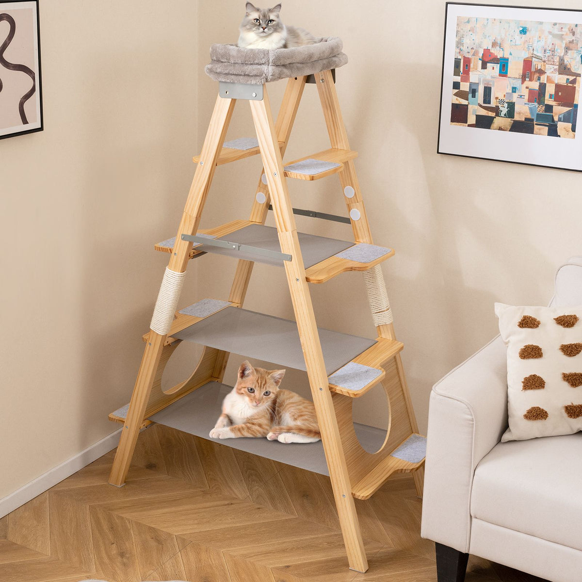 5-Level Solid Pine Cat Tower with Top Perch and Sisal Scratch Post