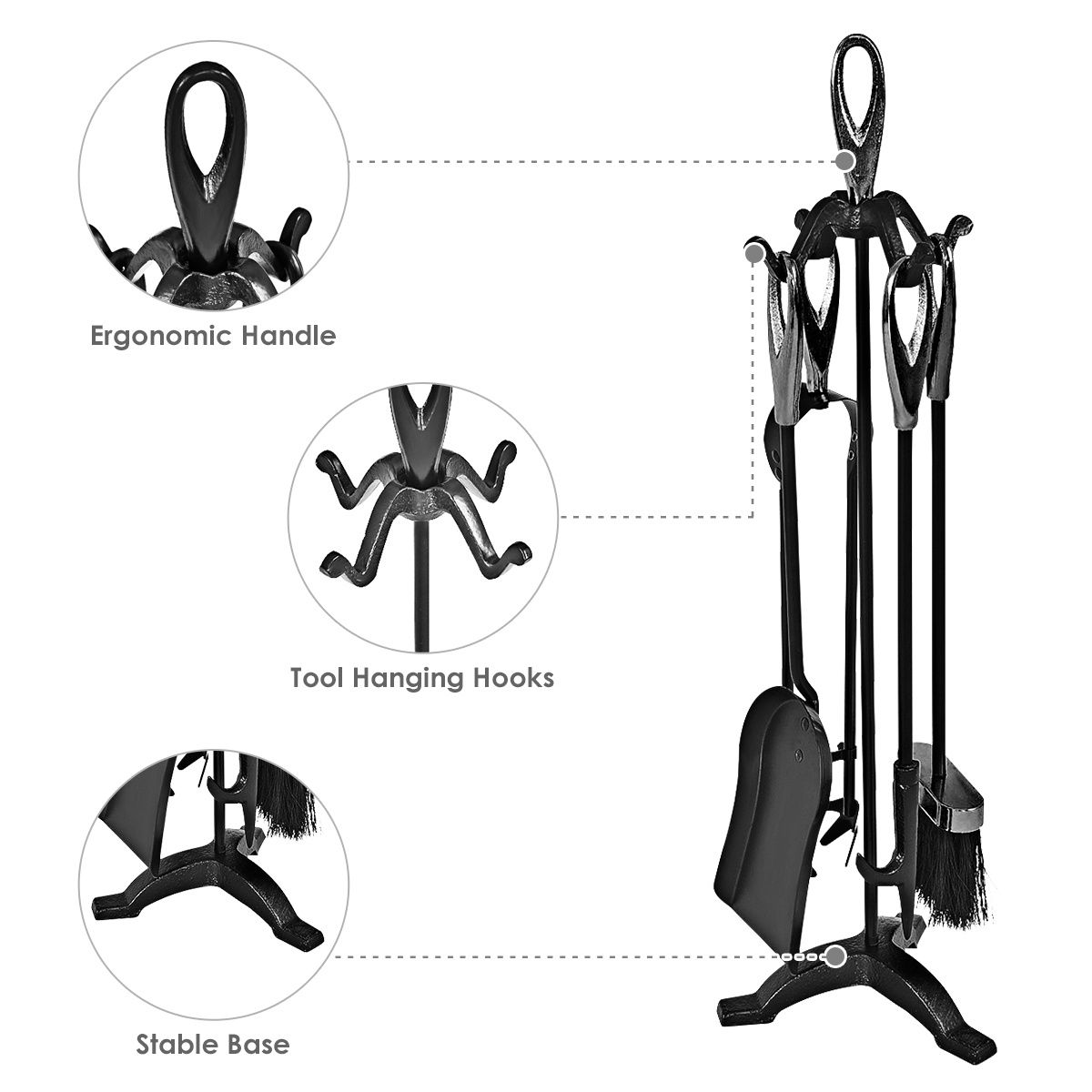 5 PCS Iron Fireplace Tool Set with Broom Shovel Poker Tongs and Stand