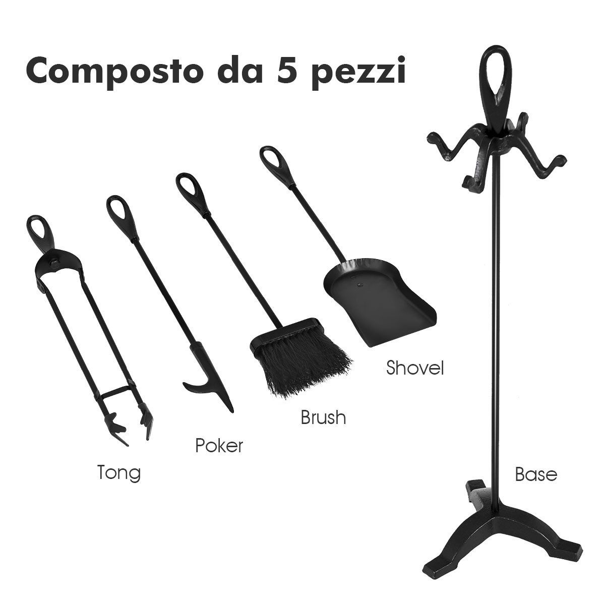 5 PCS Iron Fireplace Tool Set with Broom Shovel Poker Tongs and Stand