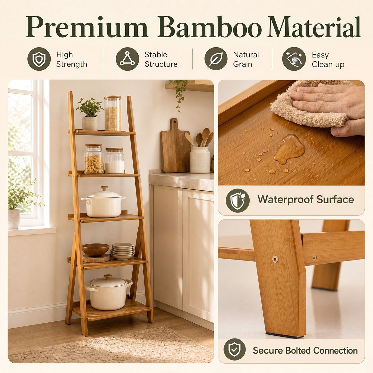 5-Tier Bamboo Ladder Shelf Bookcase for Home Office