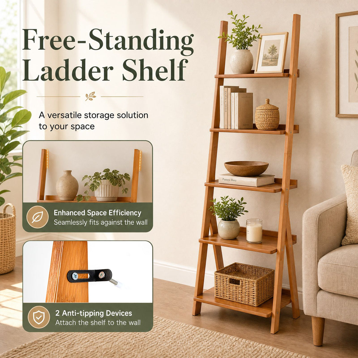 5-Tier Bamboo Ladder Shelf Bookcase for Home Office