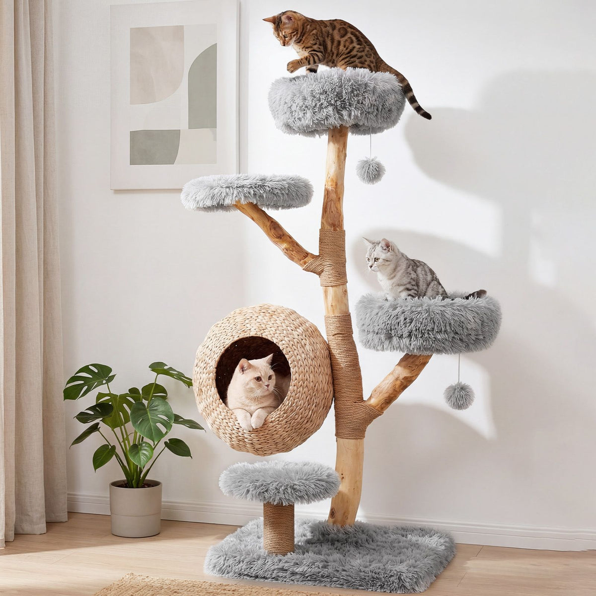 5-Tier Cat Tree 134cm Wooden Tower with Woven Condo and Plush Perches
