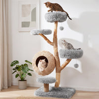 5-Tier Cat Tree 134cm Wooden Tower with Woven Condo and Plush Perches