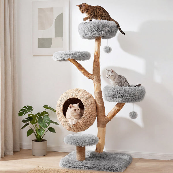 5-Tier Cat Tree 134cm Wooden Tower with Woven Condo and Plush Perches