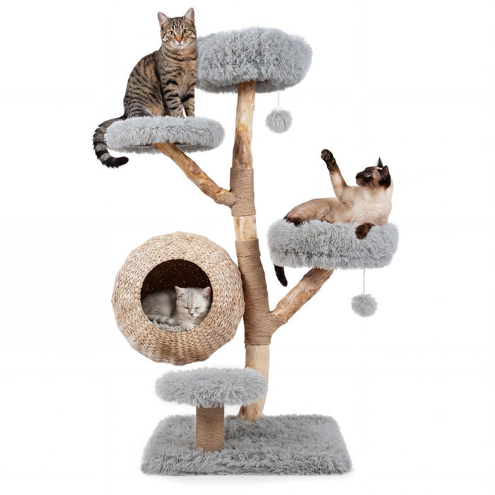 5-Tier Cat Tree 134cm Wooden Tower with Woven Condo and Plush Perches