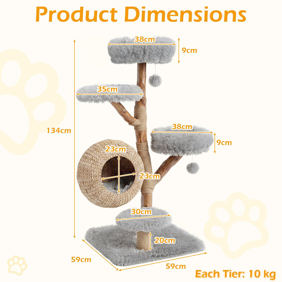 5-Tier Cat Tree 134cm Wooden Tower with Woven Condo and Plush Perches