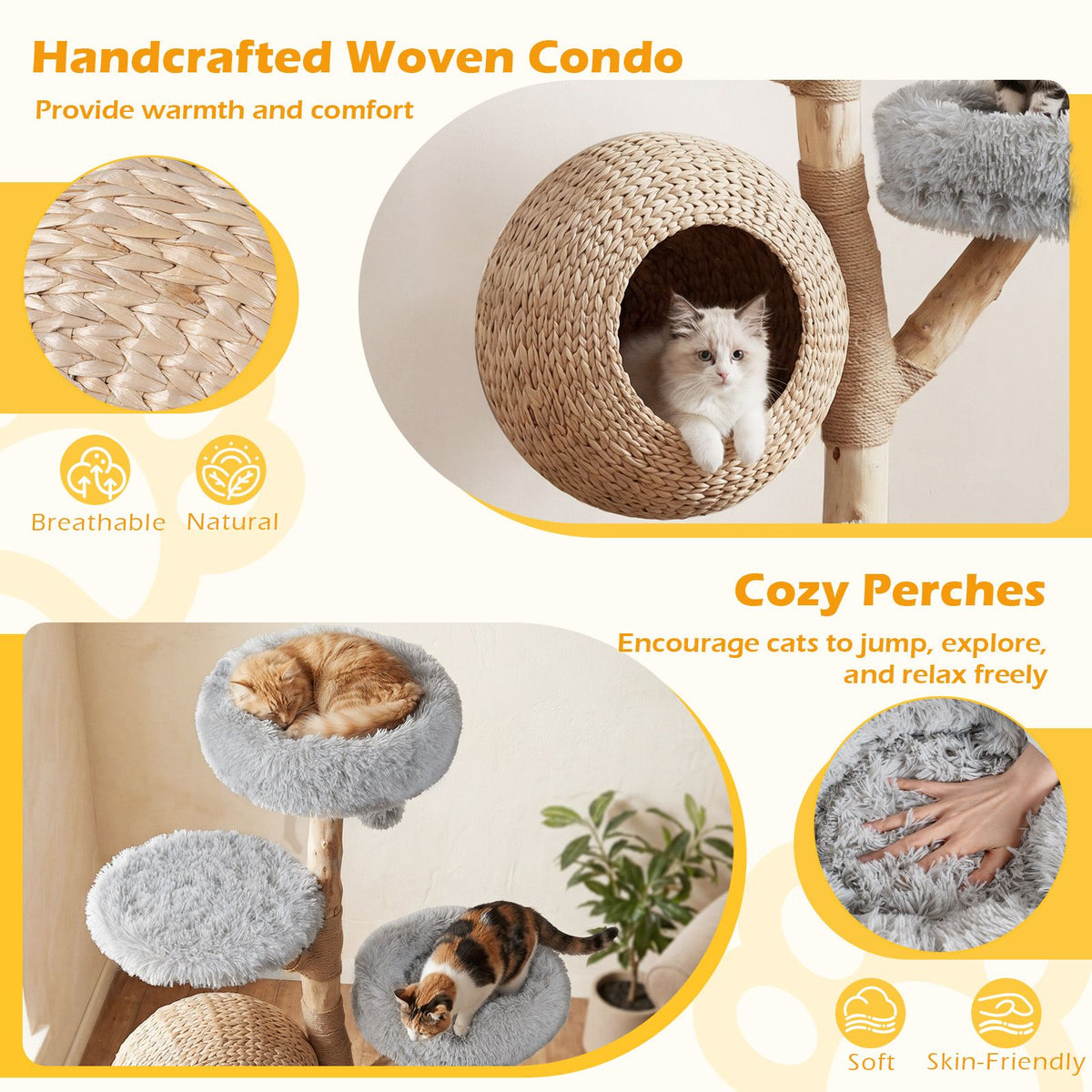 5-Tier Cat Tree 134cm Wooden Tower with Woven Condo and Plush Perches