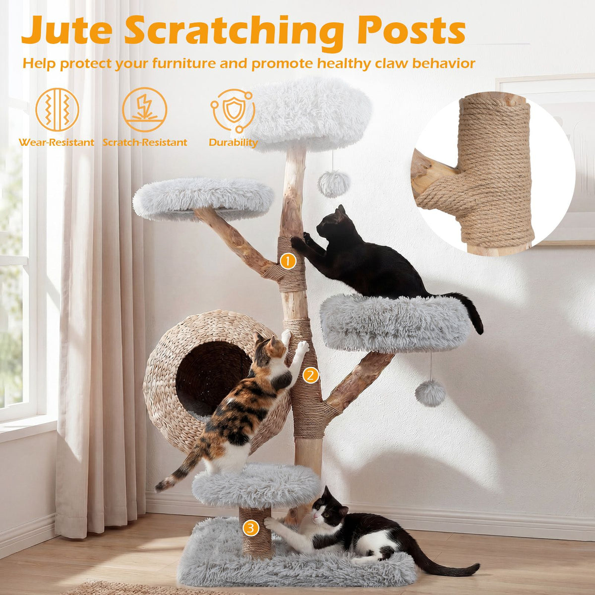 5-Tier Cat Tree 134cm Wooden Tower with Woven Condo and Plush Perches