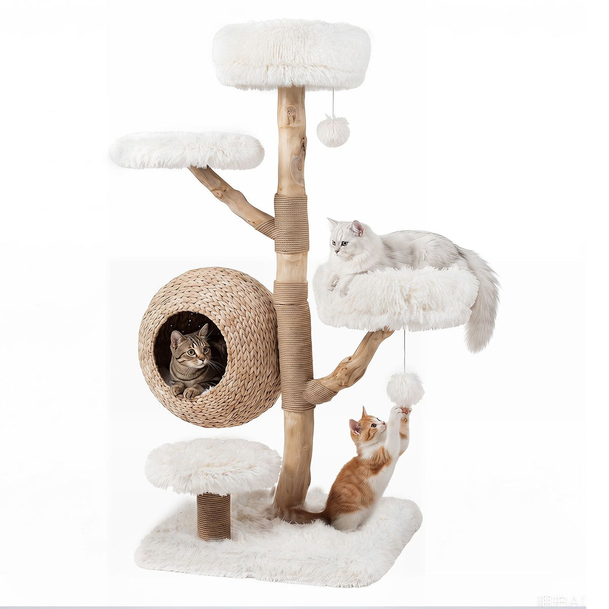5-Tier Cat Tree 134cm Wooden Tower with Woven Condo and Plush Perches