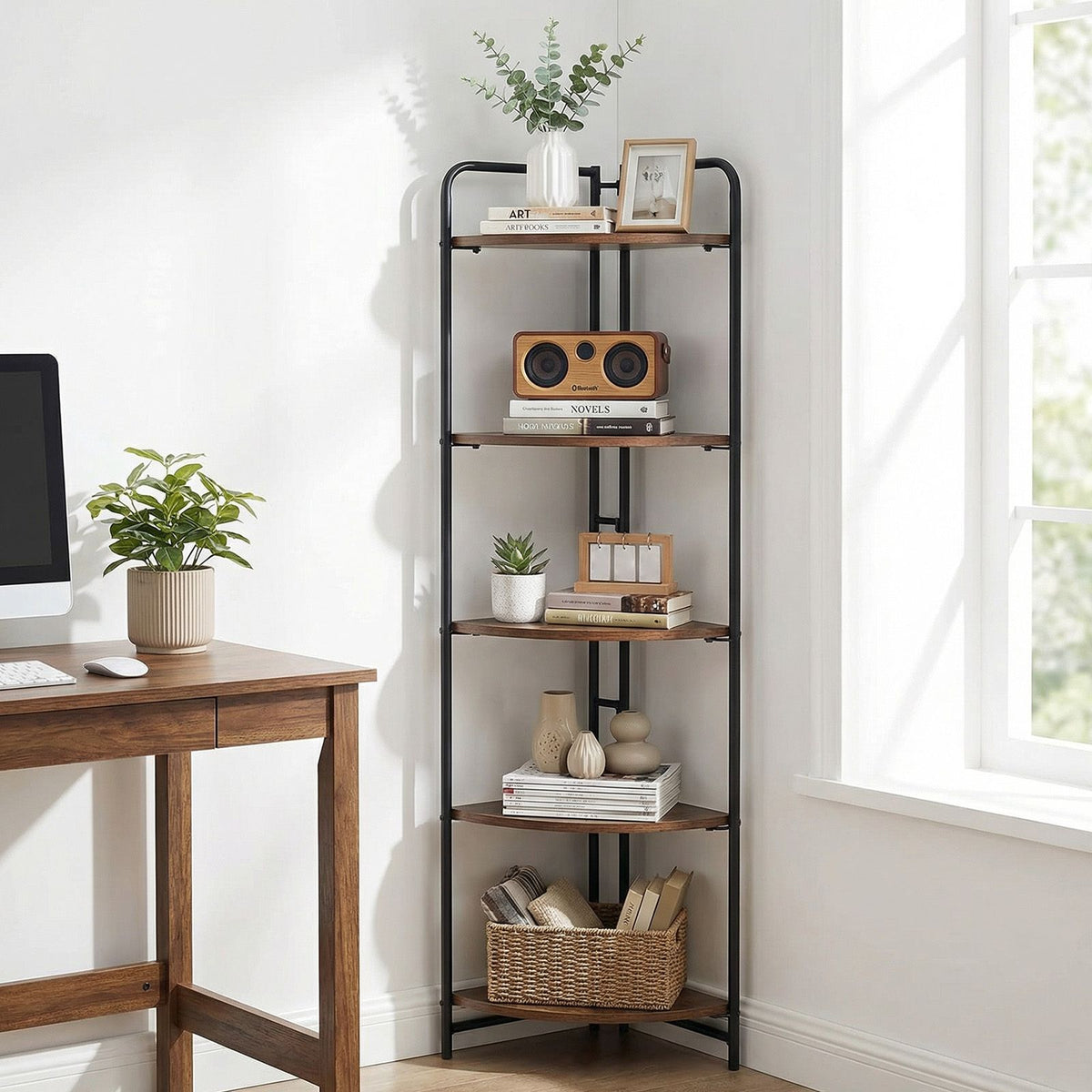 5-Tier Folding Corner Shelf with Heavy-duty Metal Frame and 2 Anti-tip Kits
