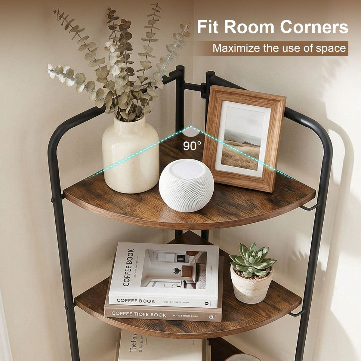 5-Tier Folding Corner Shelf with Heavy-duty Metal Frame and 2 Anti-tip Kits