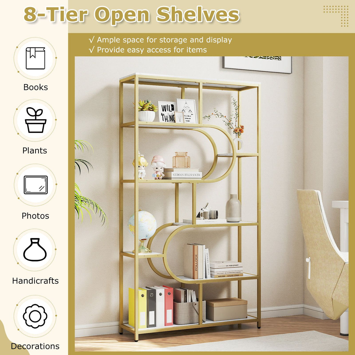 5-Tier Geometric Bookshelf with U Shape and Metal Frame for Home Office