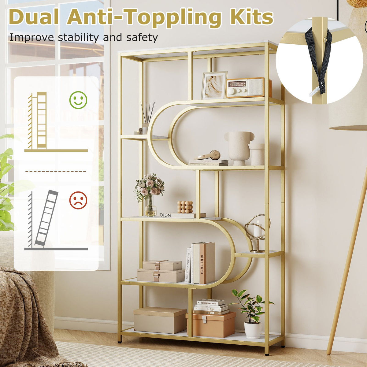 5-Tier Geometric Bookshelf with U Shape and Metal Frame for Home Office