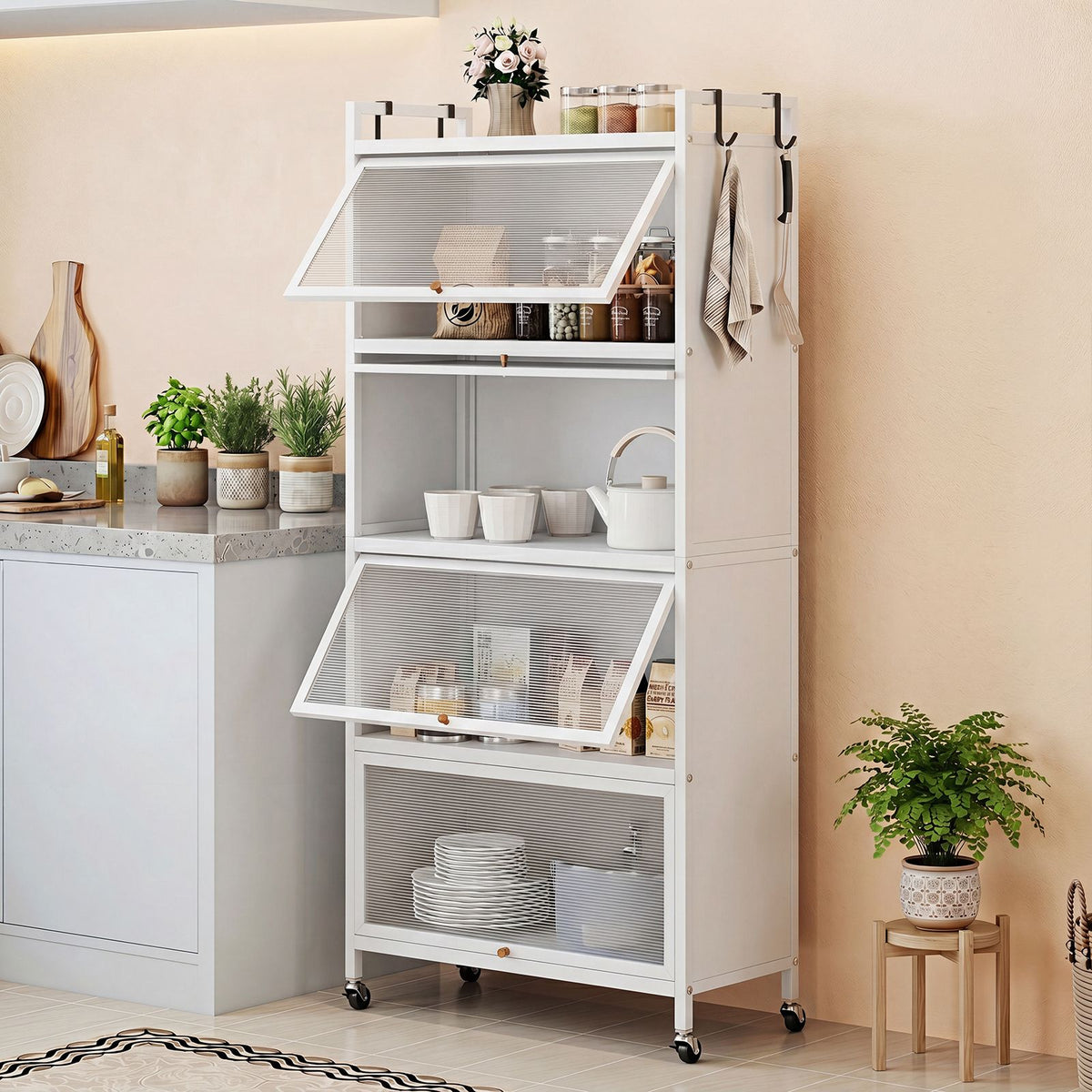5-Tier Kitchen Storage Cabinet with 4 Flip-up PC Doors 4 Hooks and Adjustable Feet