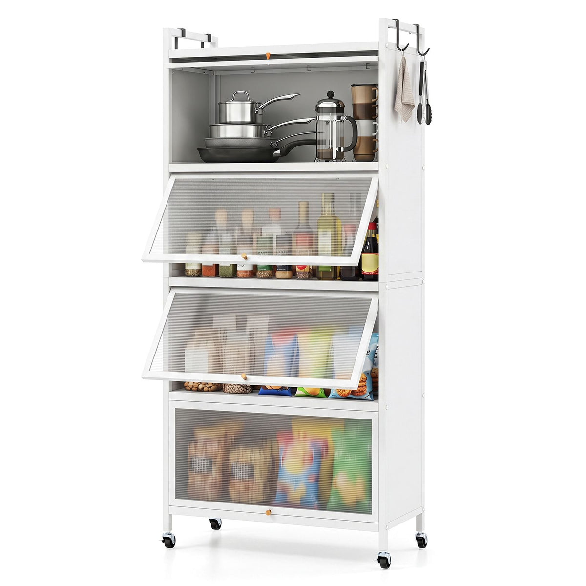 5-Tier Kitchen Storage Cabinet with 4 Flip-up PC Doors 4 Hooks and Adjustable Feet
