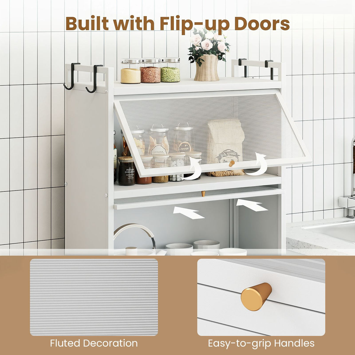 5-Tier Kitchen Storage Cabinet with 4 Flip-up PC Doors 4 Hooks and Adjustable Feet