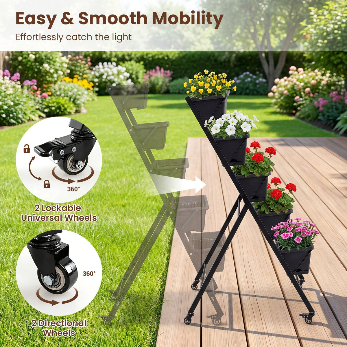5-Tier Vertical Raised Garden Bed with Wheels and Drainage Holes for Backyard