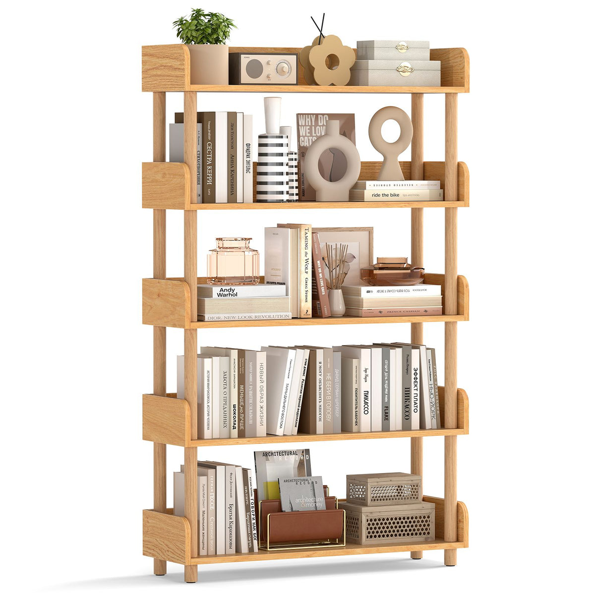 3-Tier Wooden Bookshelf with Sturdy Pine Wood Posts and Elevated Guardrails