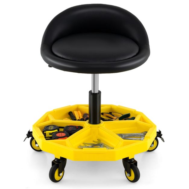 50-64 cm Height Adjustable Rolling Garage Stool with Tool Tray Storage