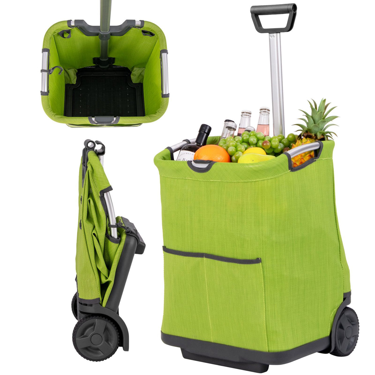 50L Folding Shopping Cart with 3 Pockets and Retractable Handlebar for Grocery