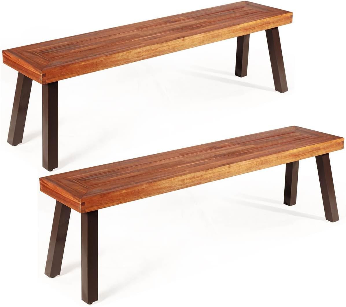 Patio Dining Wood Bench with Rustic Steel Legs
