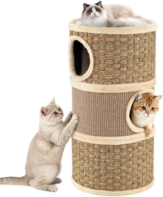 3-Story Cat Condo, 70 CM Multi-Level Cat Hideaway with Sisal Scratching Pad