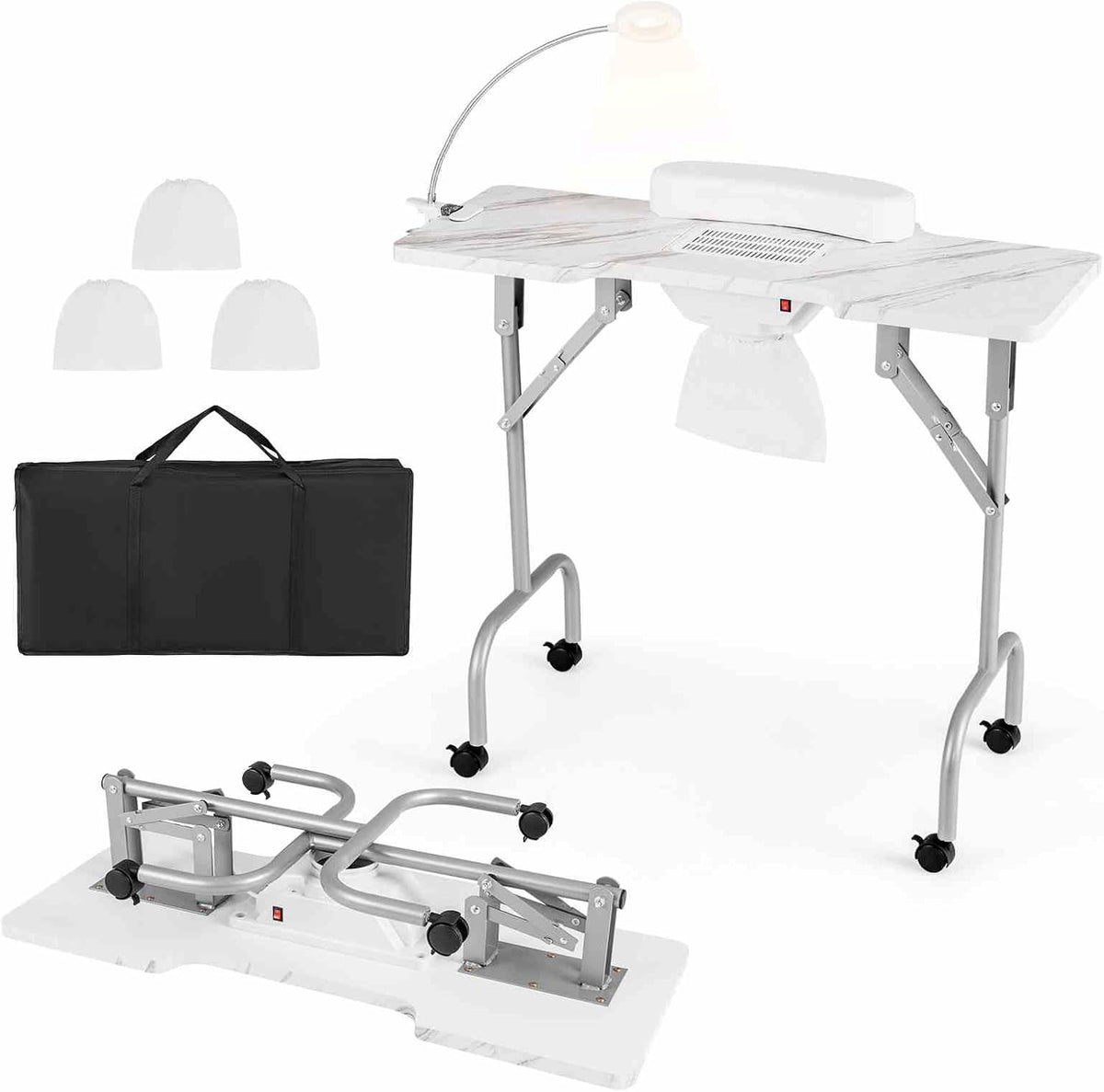 Folding Manicure Nail Table with Electric Dust Collector, Portable Nail Tech Desk with LED Lamp