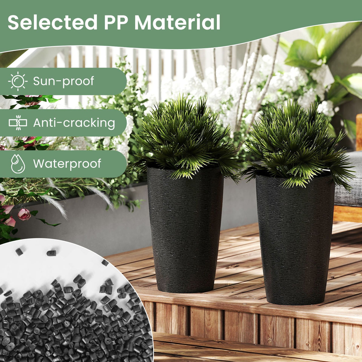 53cm Tall Plastic Planters Set of 2 with Optional Drainage System