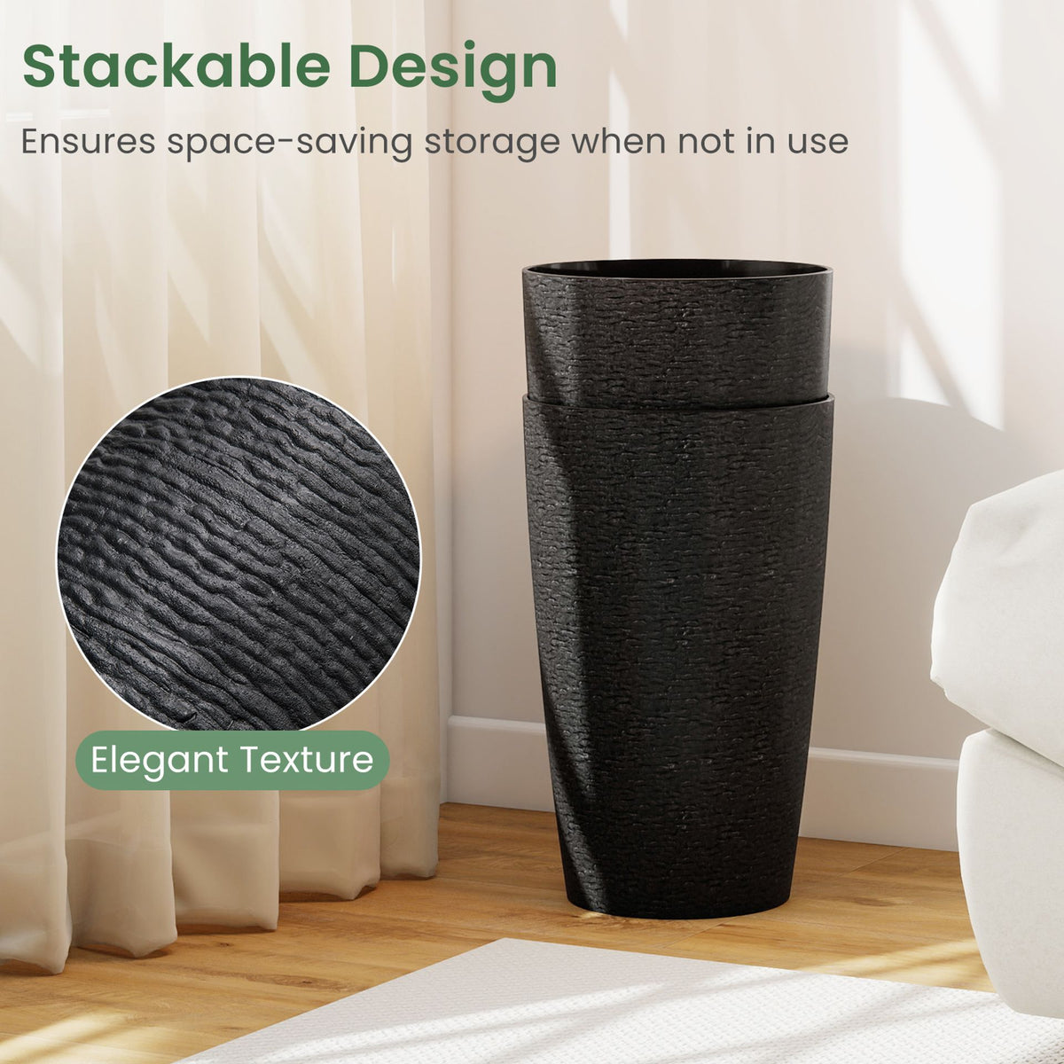 53cm Tall Plastic Planters Set of 2 with Optional Drainage System