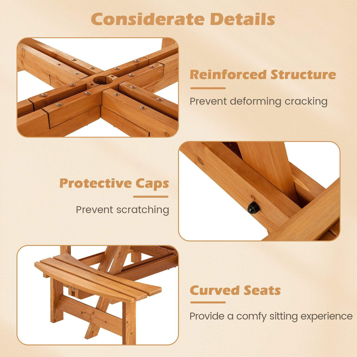 Round Picnic Table Set Patio Dining Camping Table w/ Built-in 4 Benches