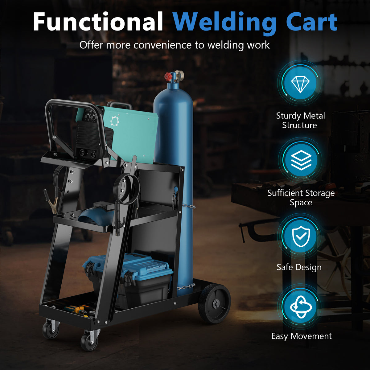 3-Tier Welding Cart, Rolling Welder Cart w/ Tilt-Table & 4 Wheels