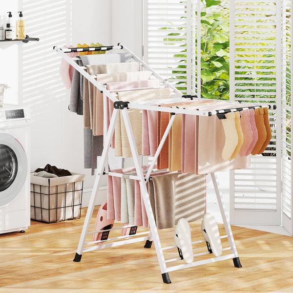 Foldable Metal Laundry Drying Rack with Height Adjustable Wings, 16 Drying Rails