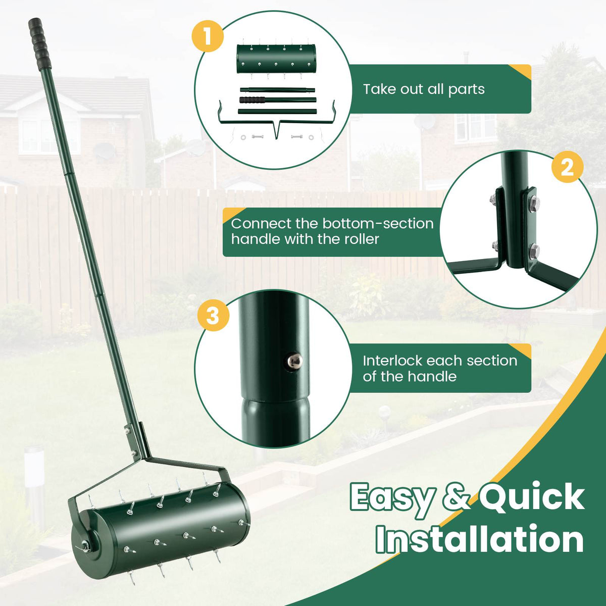 Heavy-Duty Rolling Aerator w/ Lawn Soil Penetrating Spikes & 130 cm Handle