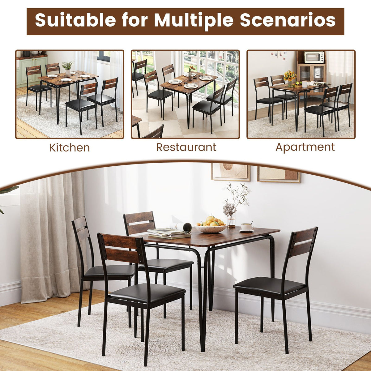 5-Piece Dining Table Set Industrial Rectangular Kitchen Table and 4 Armless Chairs