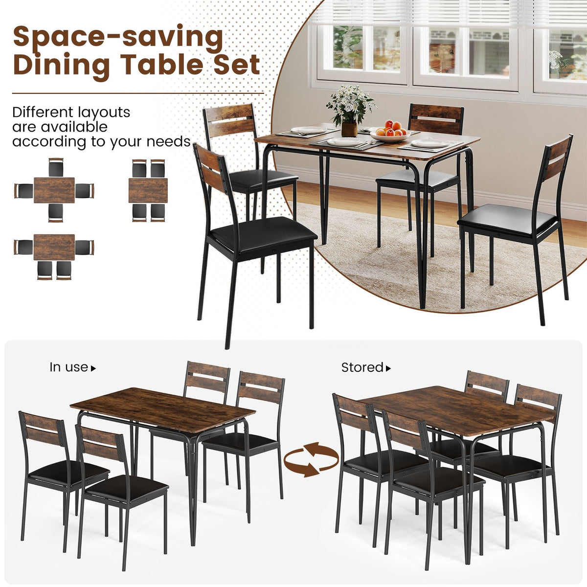 5-Piece Dining Table Set Industrial Rectangular Kitchen Table and 4 Armless Chairs