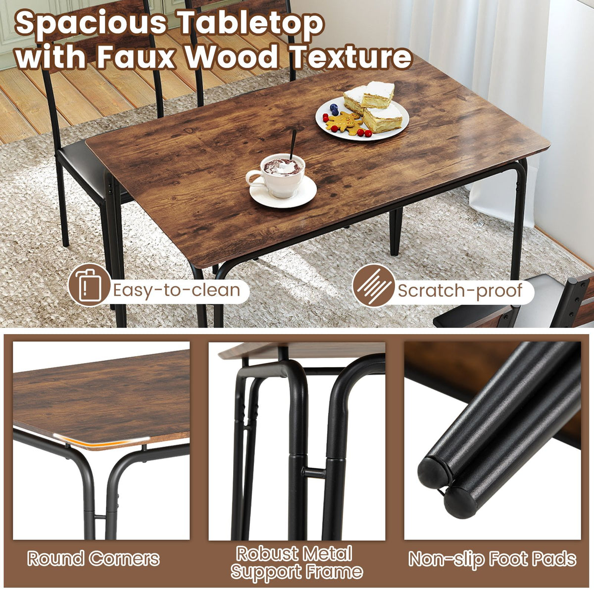 5-Piece Dining Table Set Industrial Rectangular Kitchen Table and 4 Armless Chairs