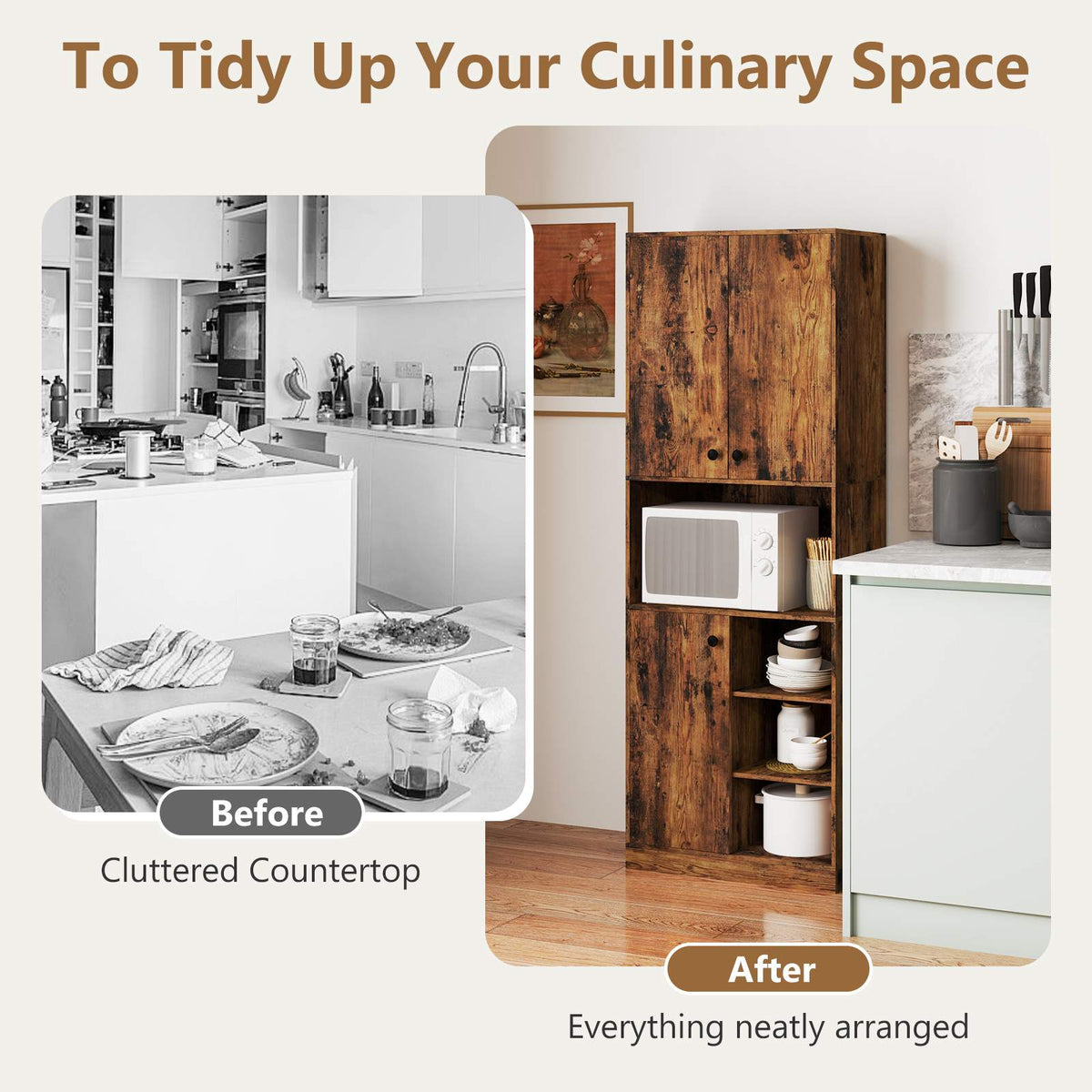 Kitchen Pantry Storage Cabinet 166 cm Tall Modern Hutch Cabinet w/ Open Shelves