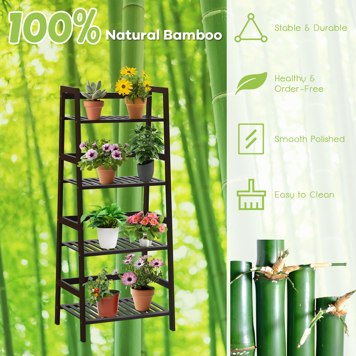 Freestanding 4-Tier Bamboo Plant Rack with Guardrails