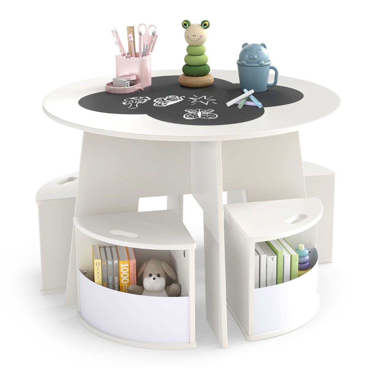 5 PCS Kids Table and Chair Set with 4 Storage Stools and Blackboard